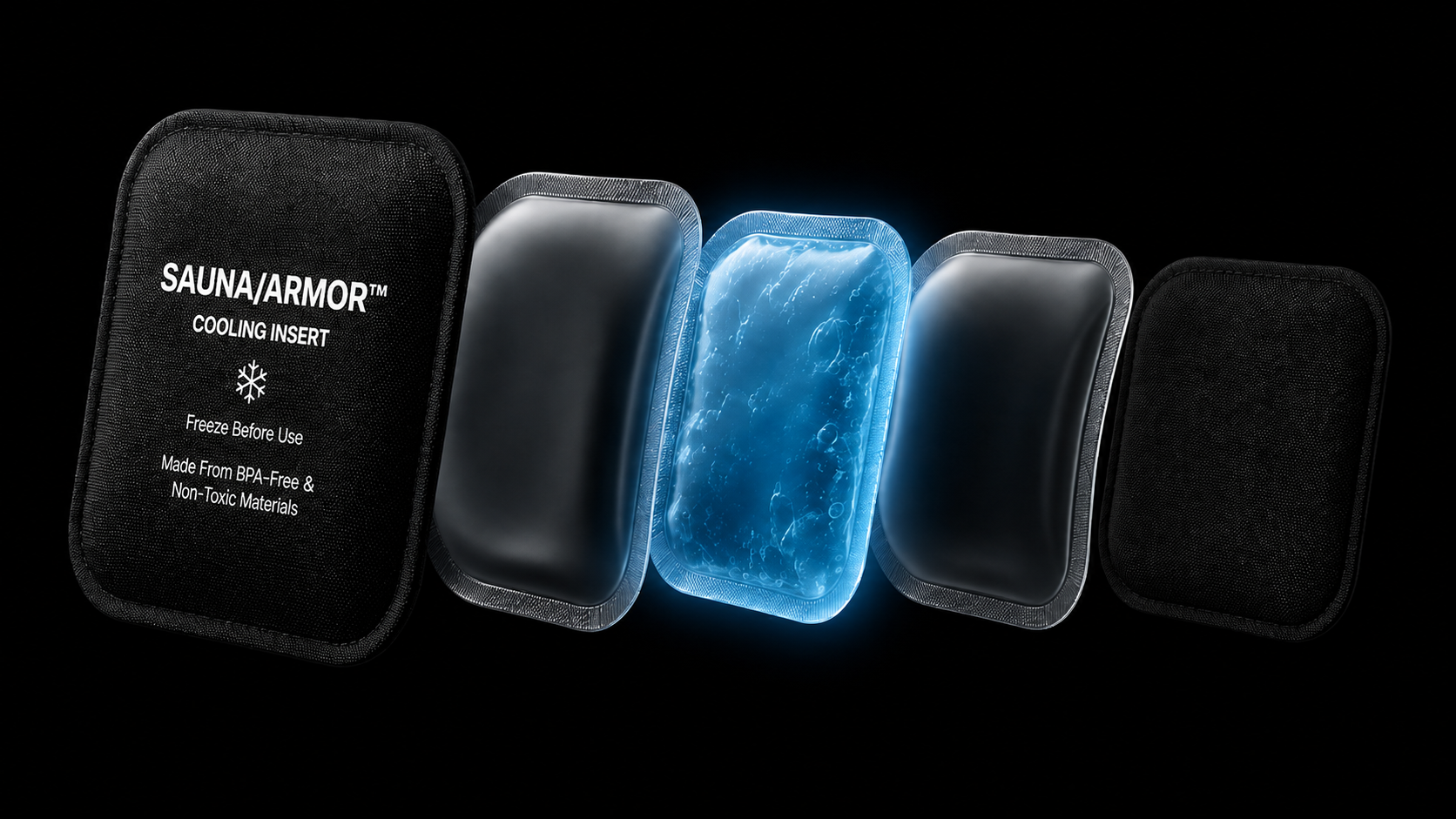 Exploded view of the SaunaArmor cooling insert showing its outer shell and cooling gel core